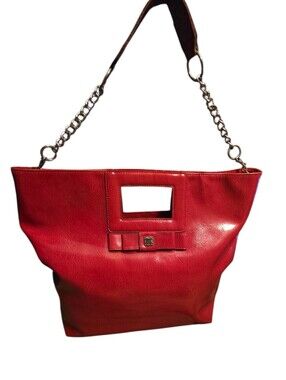 Vtg Y2K Liz Claiborne New York Faux Leather Red Tote Bag Chain Strap Bow EUC